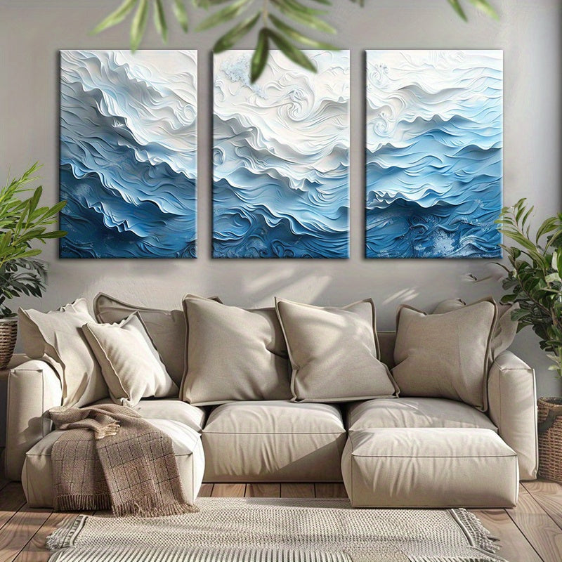 Set of 3 Blue Ocean Abstract 3D Effect Wave Print Canvas Wall Art  Beachtique Beach Boutique