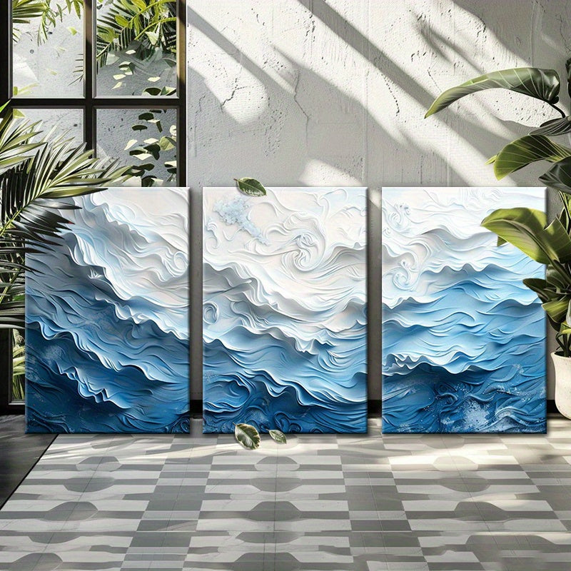 Blue Ocean Abstract 3D Effect Wave Print Canvas Wall Art Set of 3 Beachtique Beach Wall Art 16 x 24 inches 