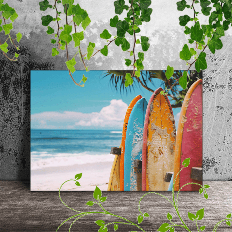 Surfboards, ocean, palm trees, and sand wall art from Beachtique.