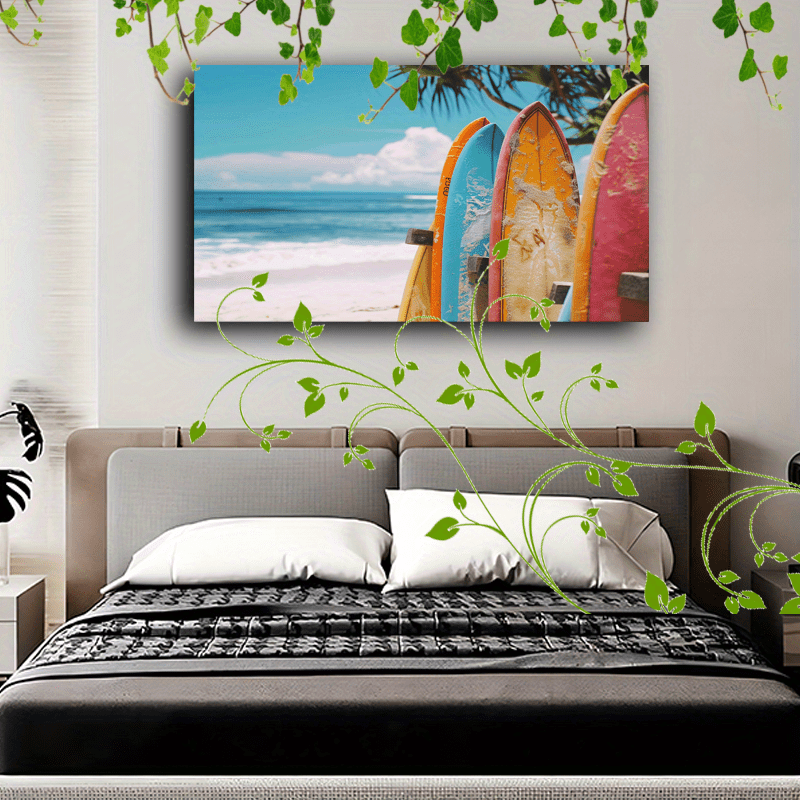 Surfboards, ocean, palm trees, and sand wall art from Beachtique.