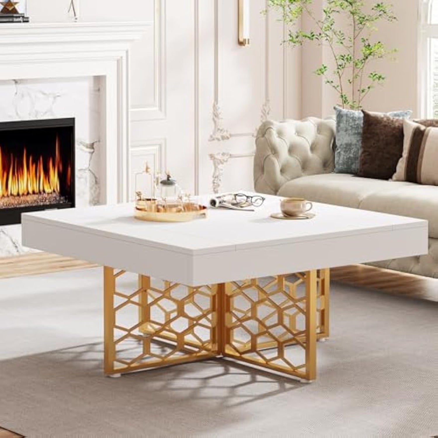 Contemporary Gold Base Coffee Table with White Finish from Beachtique Beach Boutique