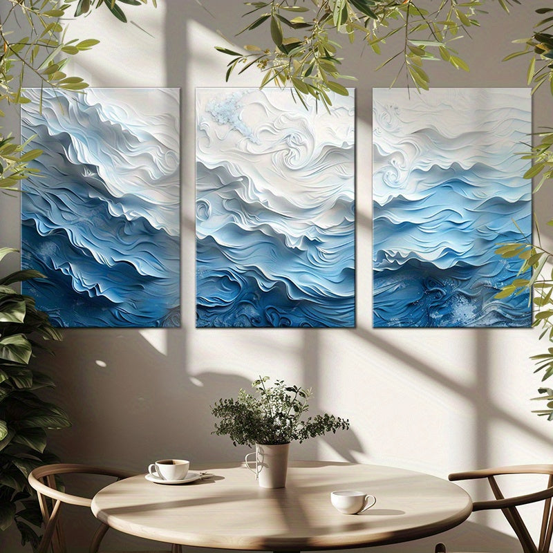 Blue Ocean Abstract 3D Effect Wave Print Canvas Wall Art Set of 3 Beachtique Beach Wall Art 24 x 36 inches 