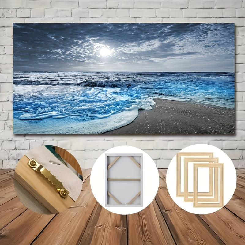 Blue Ocean Dusk Beach Canvas Wall Art - 24 x 48 inches. Ready to Hang