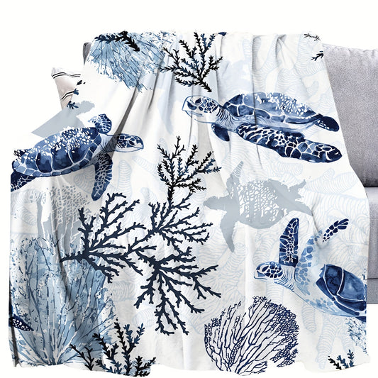 Blue Contemporary Ocean-Sea Turtle and Coral Themed Throw Blanket from Beachtique