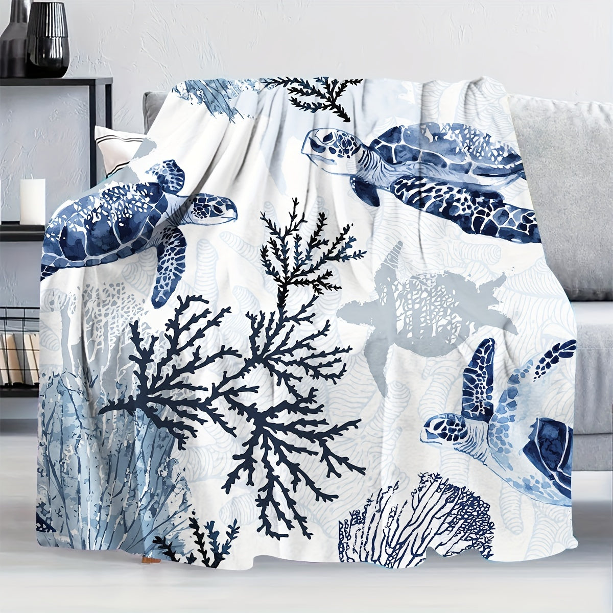 Blue Contemporary Ocean-Sea Turtle and Coral Themed Throw Blanket from Beachtique