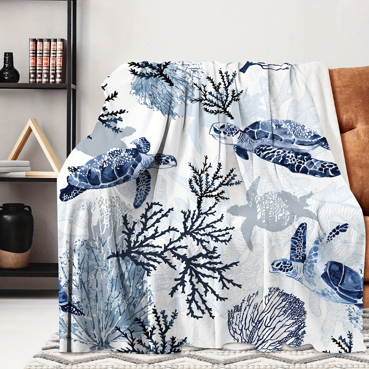 Blue Contemporary Ocean-Sea Turtle and Coral Themed Throw Blanket from Beachtique