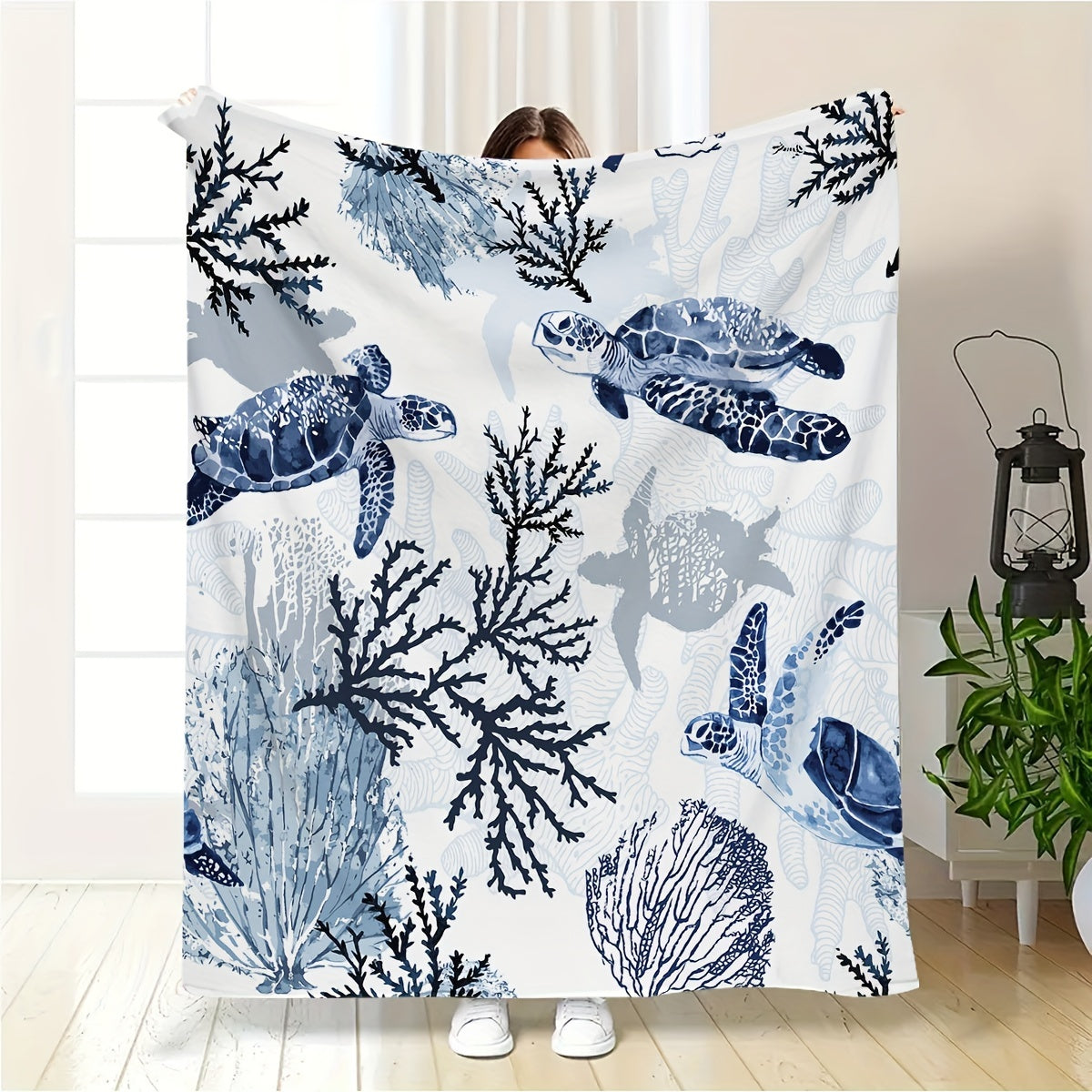 Blue Contemporary Ocean-Sea Turtle and Coral Themed Throw Blanket from Beachtique