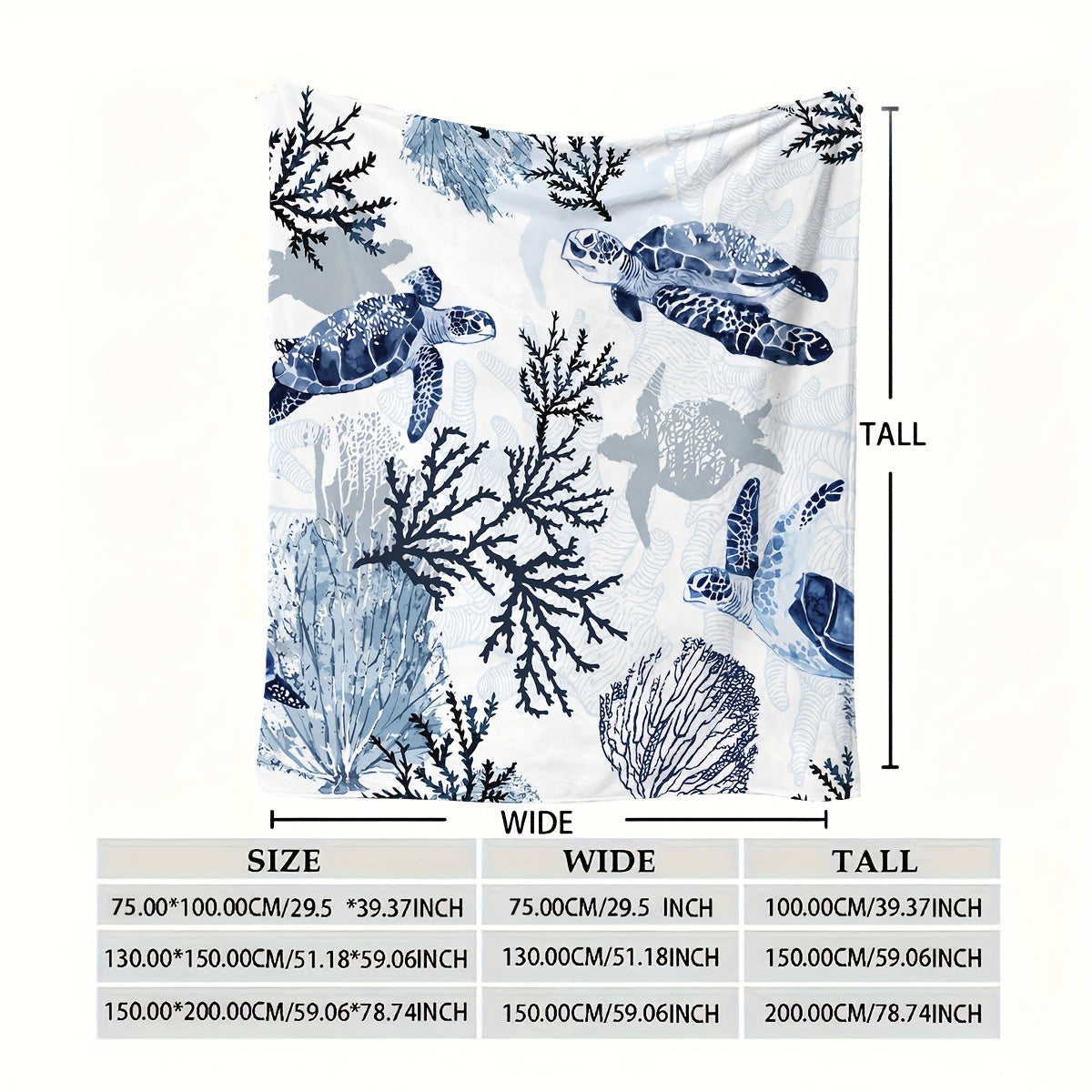 Blue Contemporary Ocean-Sea Turtle and Coral Themed Throw Blanket Size Options from Beachtique