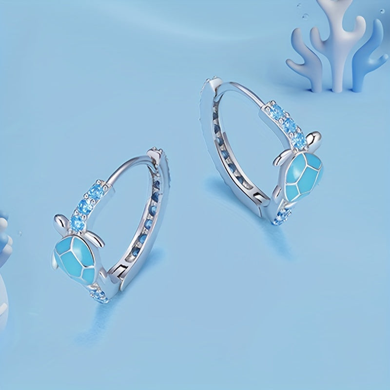 Turtle Design Blue Hoop Earrings