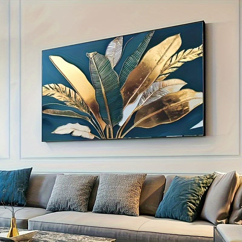 Beachtique Golden Blue Tropic Palm Leaves Canvas Wall Art - Living Room Decor