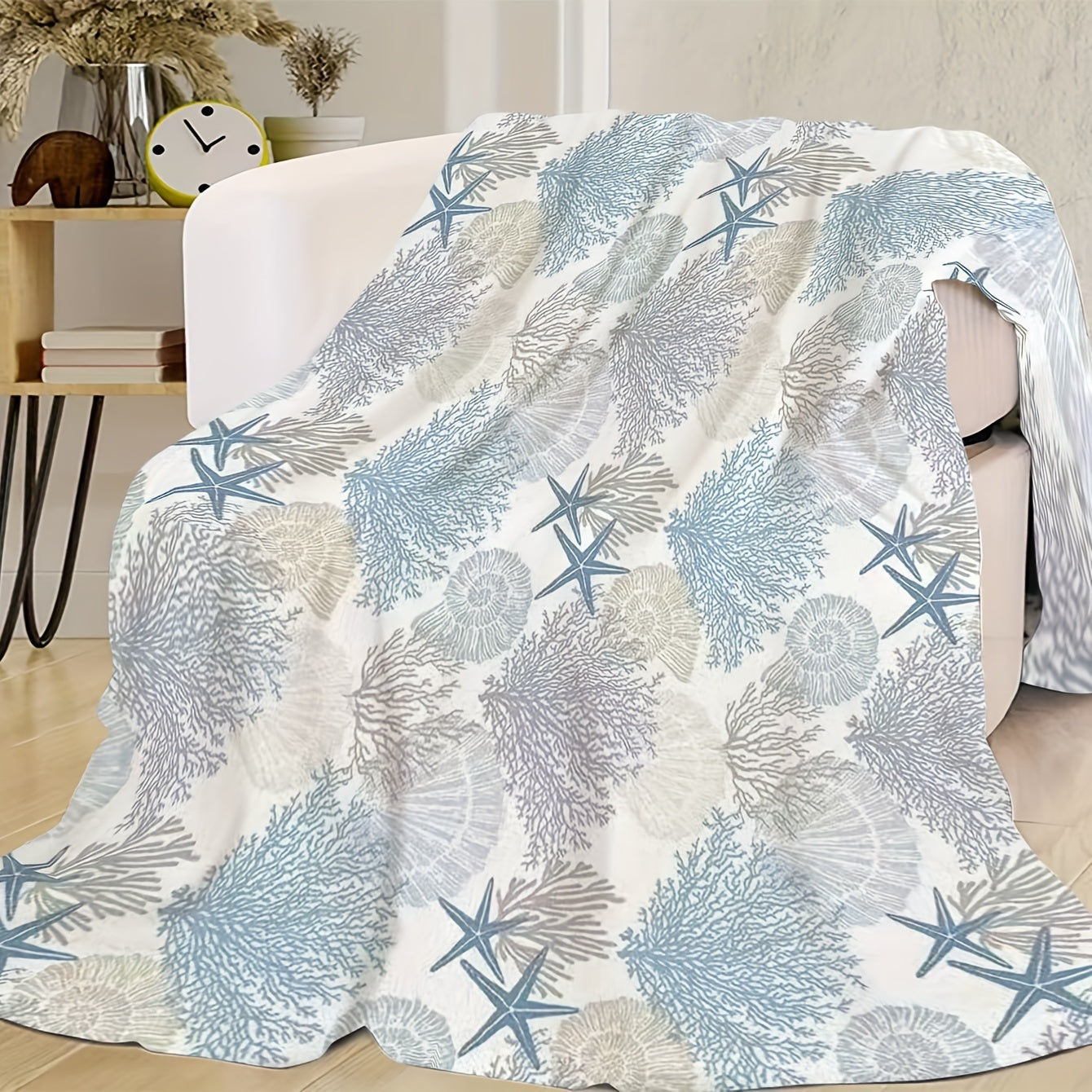 Coastal Style Premium Flannel Throw Blanket with coral, shellfish and starfish from Beachtique