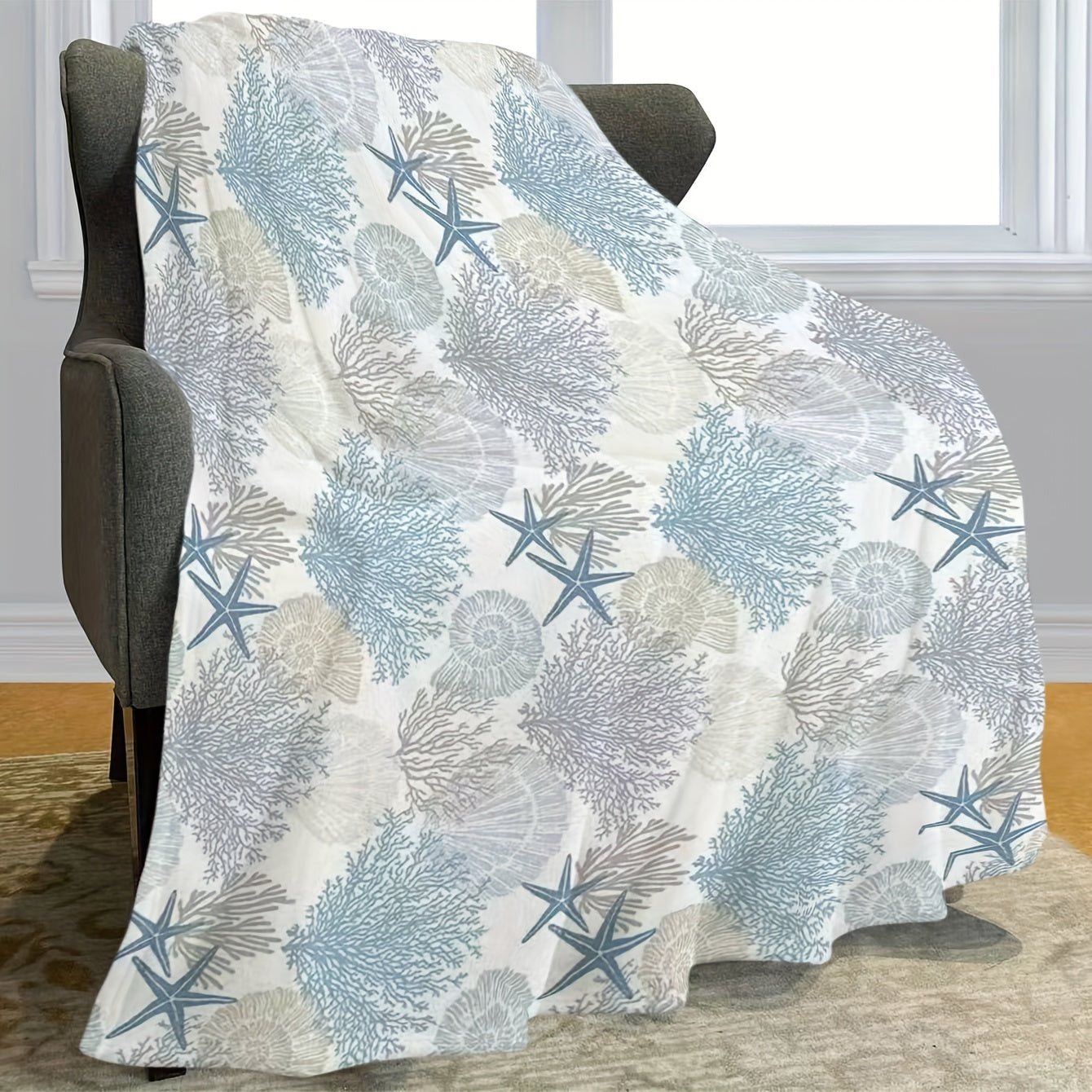 Coastal Style Premium Flannel Throw Blanket with coral, shellfish and starfish from Beachtique