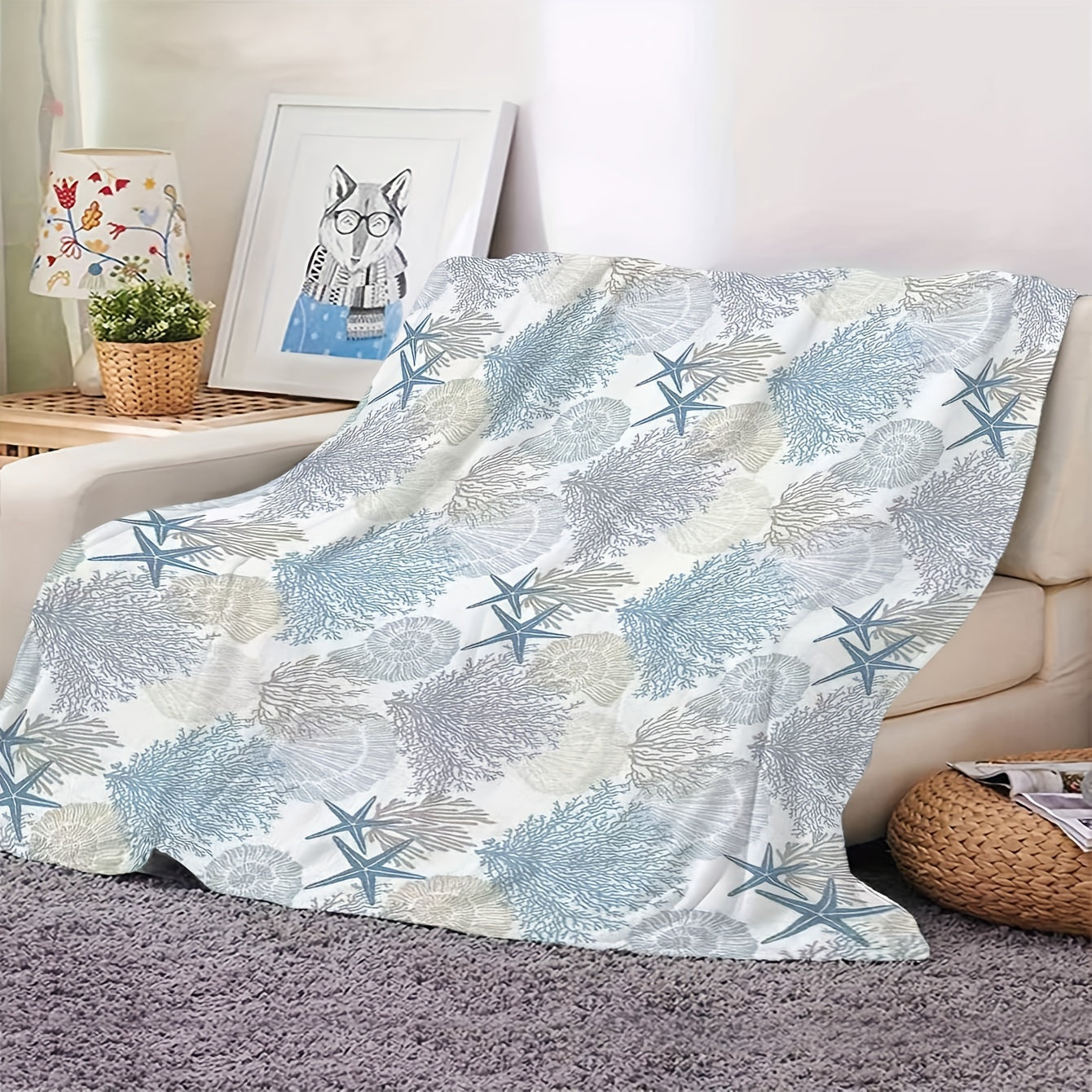 Coastal Style Premium Flannel Throw Blanket with coral, shellfish and starfish from Beachtique