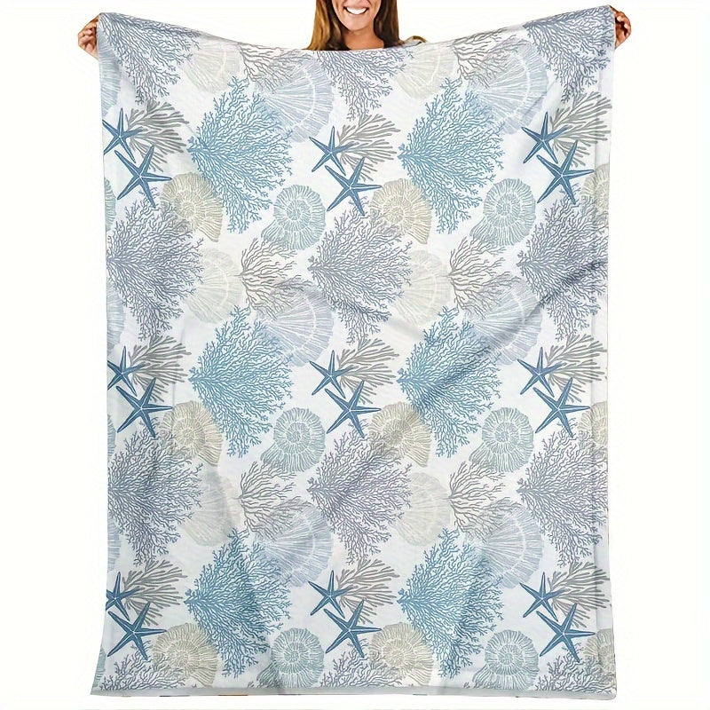 Coastal Style Premium Flannel Throw Blanket with coral, shellfish and starfish from Beachtique