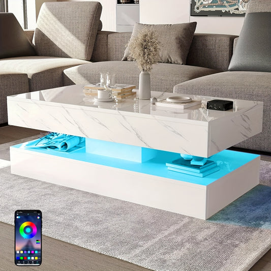 Contemporary White Marble-Design Tiered White LED Coffee Table from Beachtique Beach Boutique