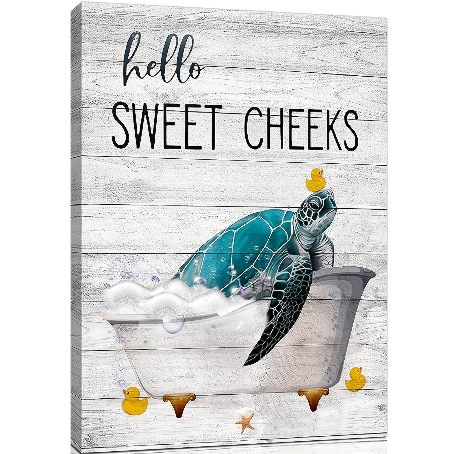 "Hello Sweet Cheeks" Turtle Bathroom Wall Art with Turtle in Tub with Rubber Ducks and Bubbles