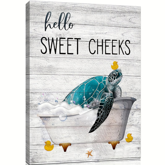 "Hello Sweet Cheeks" Turtle Bathroom Wall Art with Turtle in Tub with Rubber Ducks and Bubbles