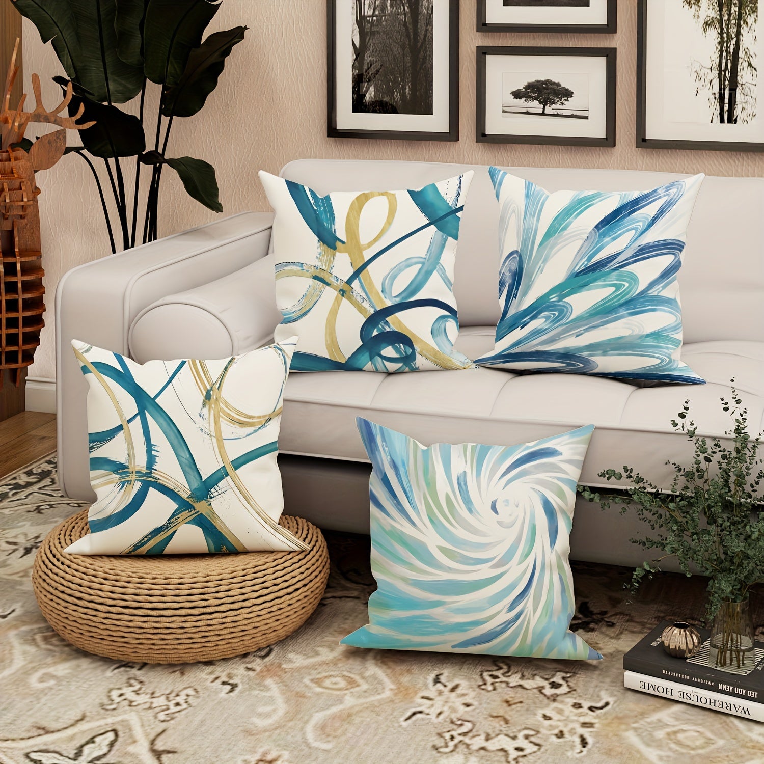 Modern Decorative Throw Pillow Covers - White, Teal, Gold Sofa from Beachtique