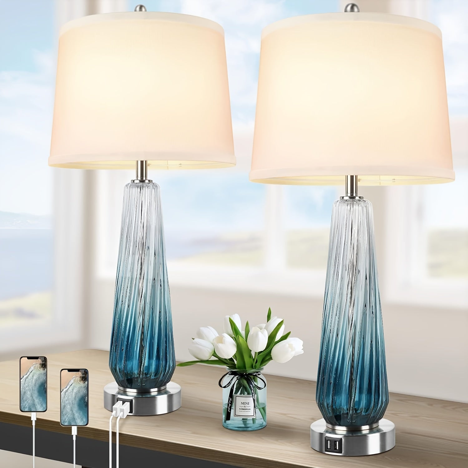 Modern Teal Glass Table Lamps Set with USB