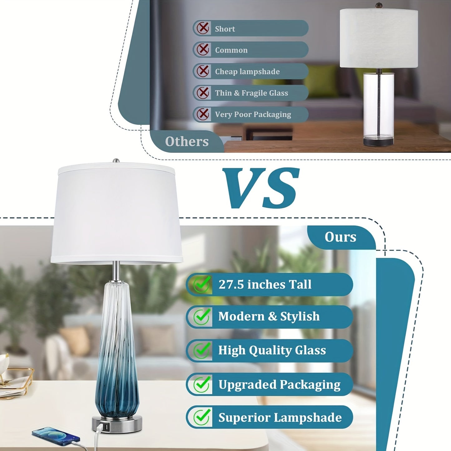 Modern Teal Glass Table Lamps Set with USB