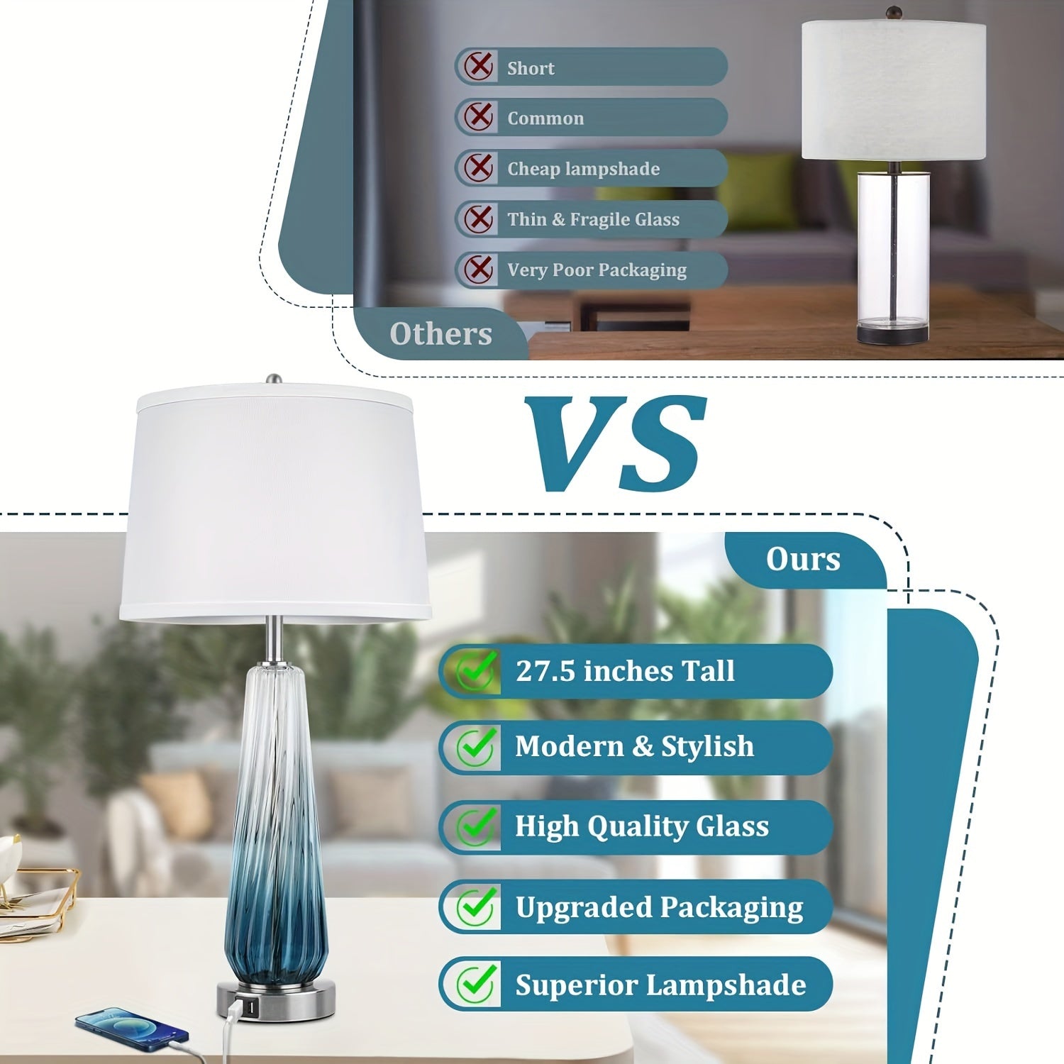 Modern Teal Glass Table Lamps Set with USB