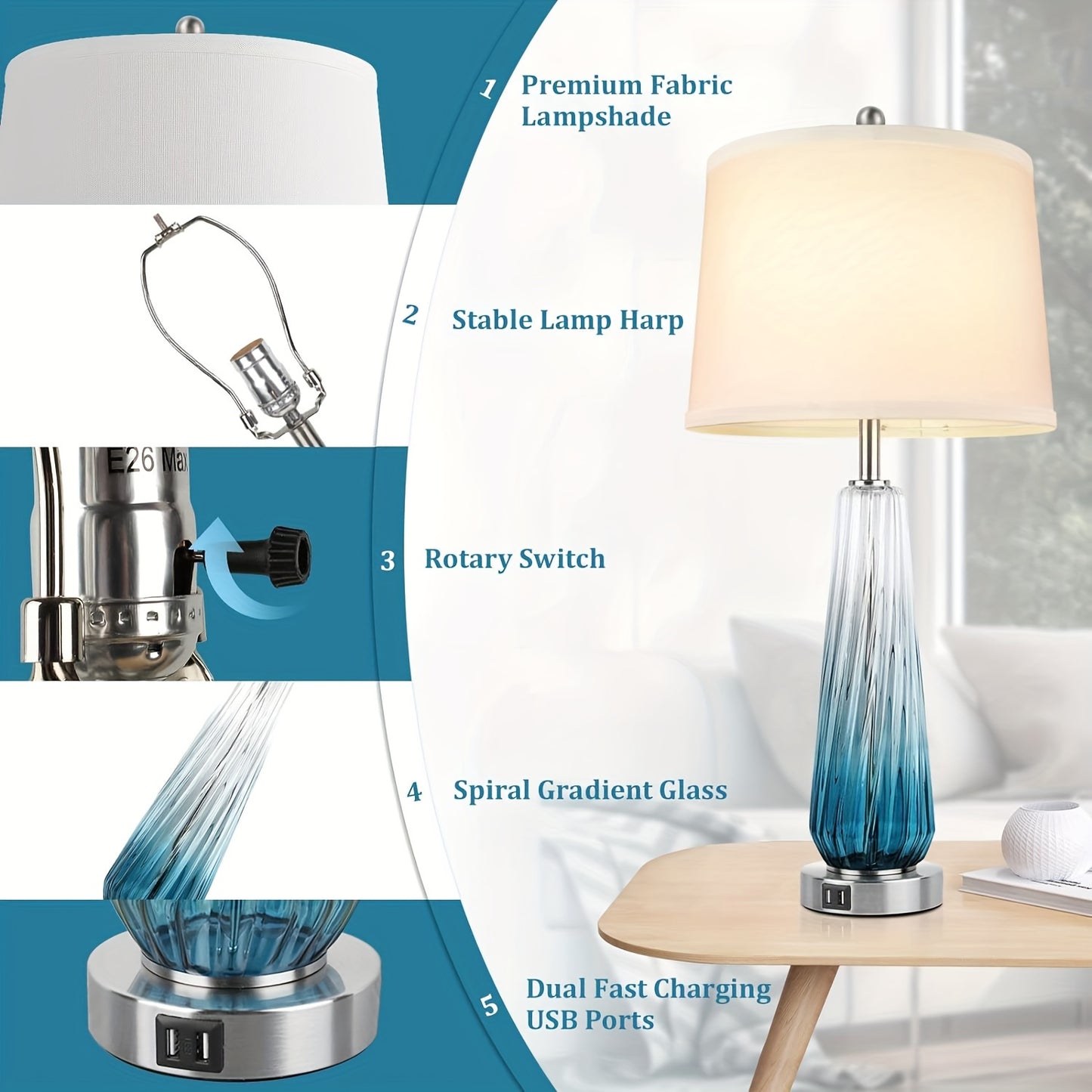 Modern Teal Glass Table Lamps Set with USB