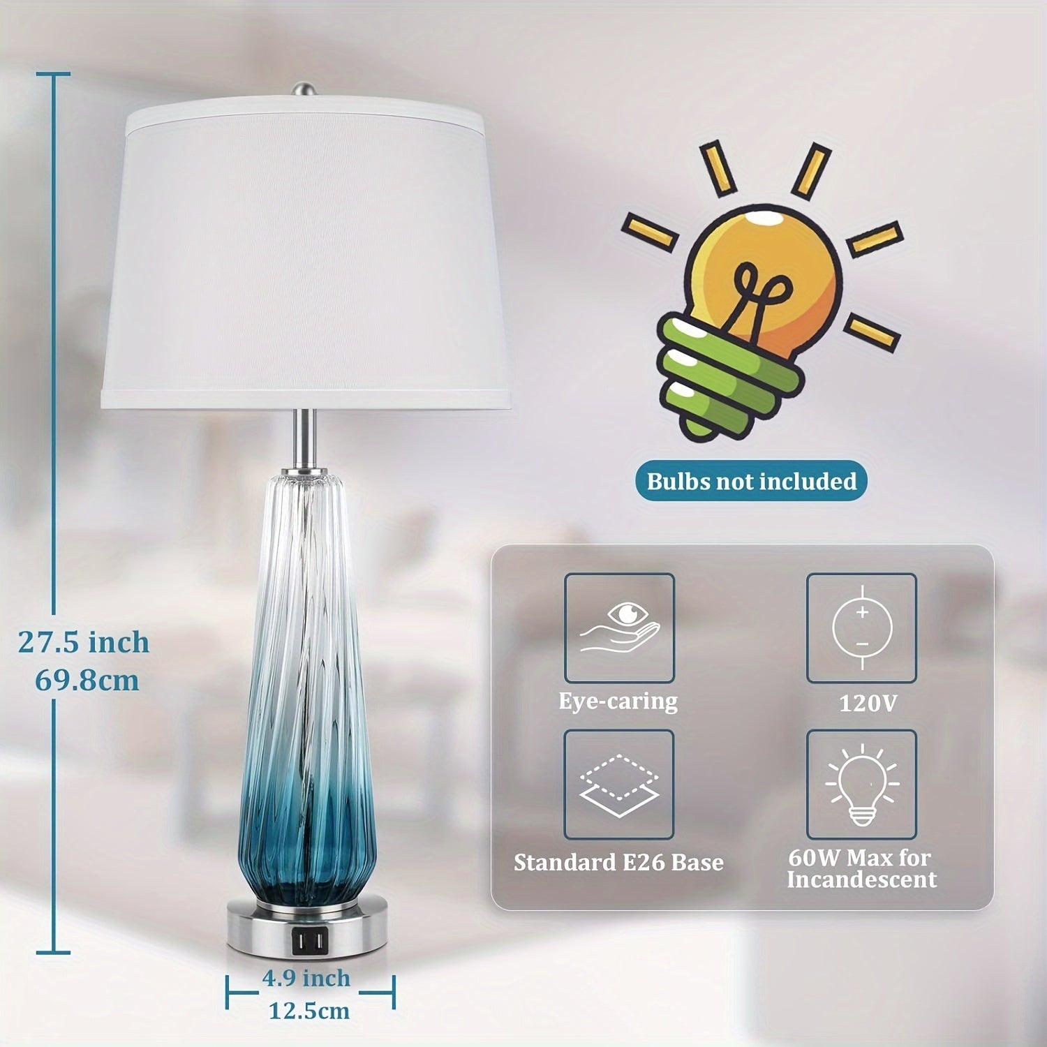 Modern Teal Glass Table Lamps Set with USB