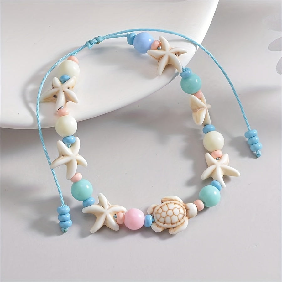 Handmade Adjustable Anklet with Starfish and Turtle Charms - Marine Style Foot Jewelry from Beachtique Beach Boutique.