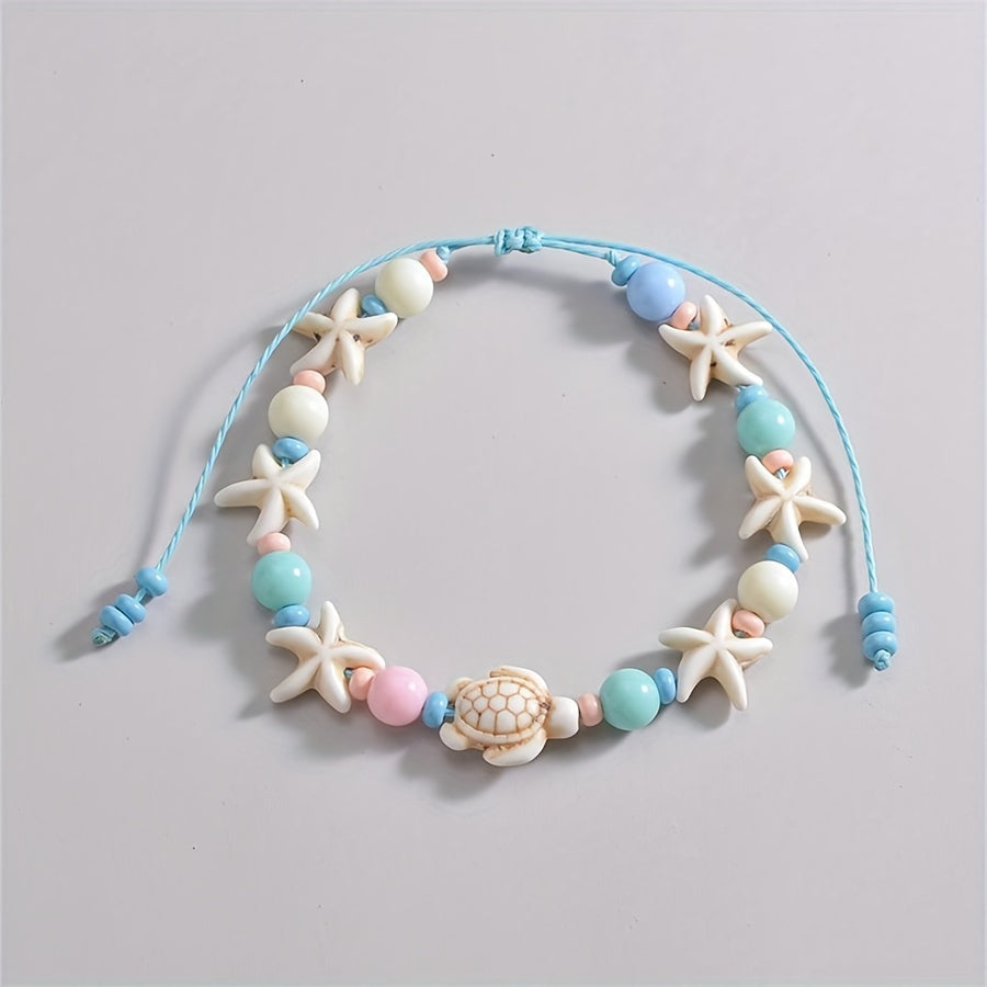 Ocean-Inspired Beaded Anklet with Starfish and Turtle Charms - Adjustable Beach Vacation Jewelry from Beachtique Beach Boutique.