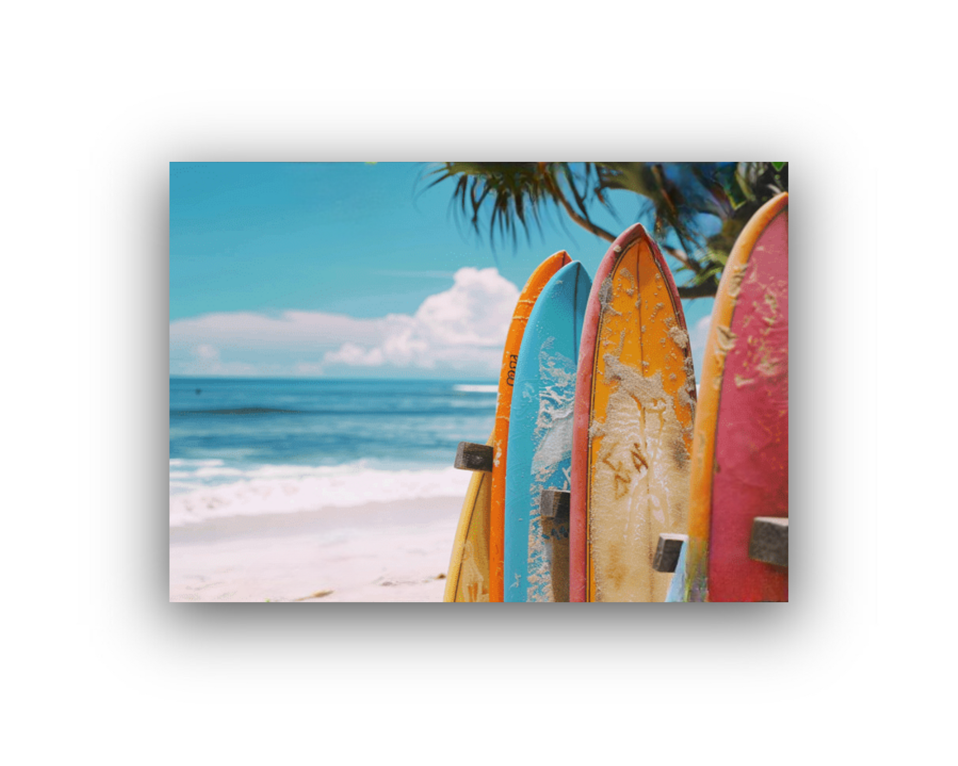 Surfboards, ocean, palm trees, and sand wall art from Beachtique.