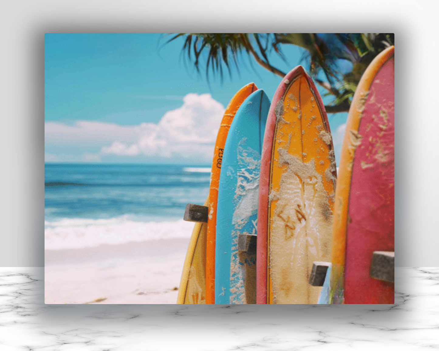 Surfboards on Beach with Ocean Background