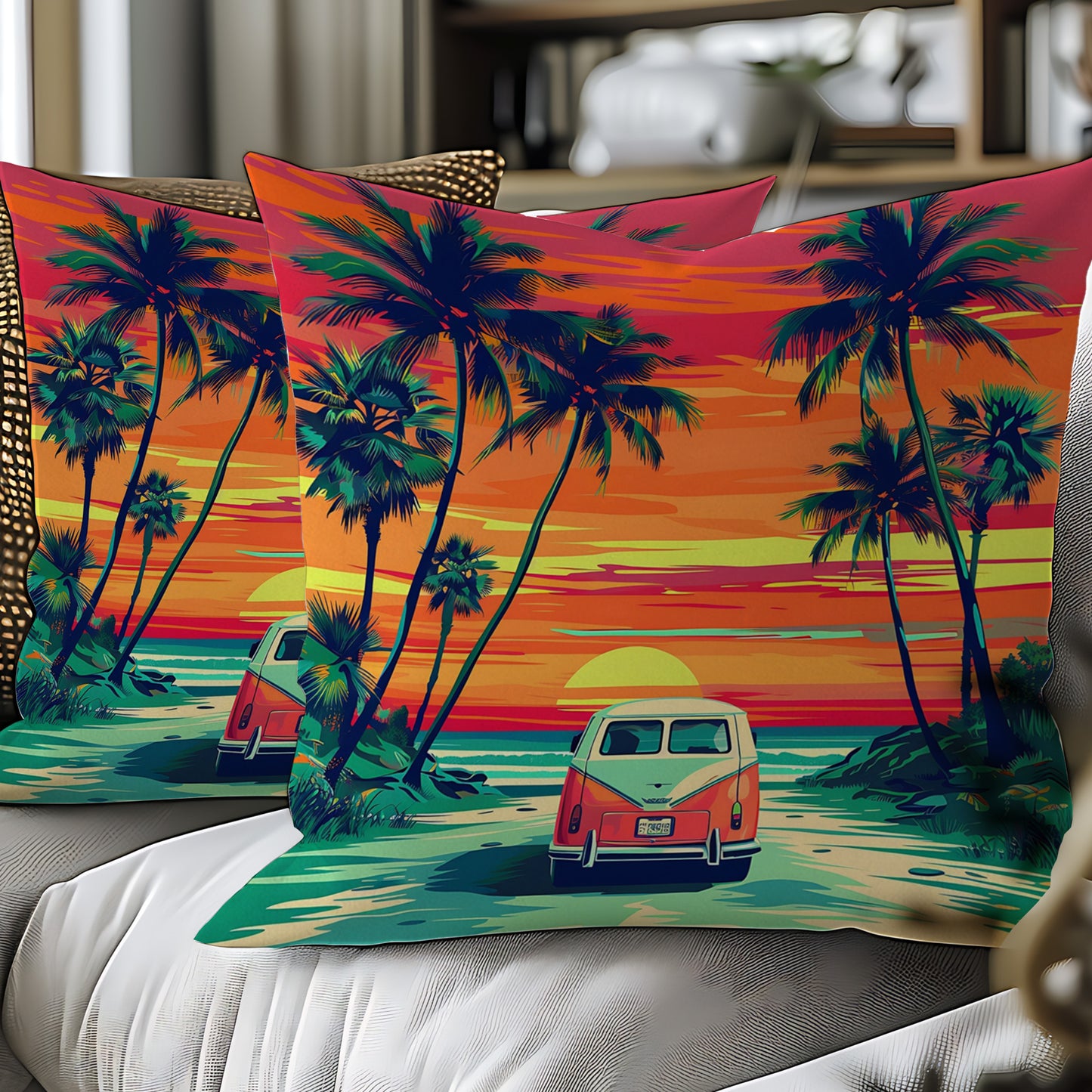 Tropical VW Beach Sunset Scenery Pillow Covers Set of 2 from Beachtique