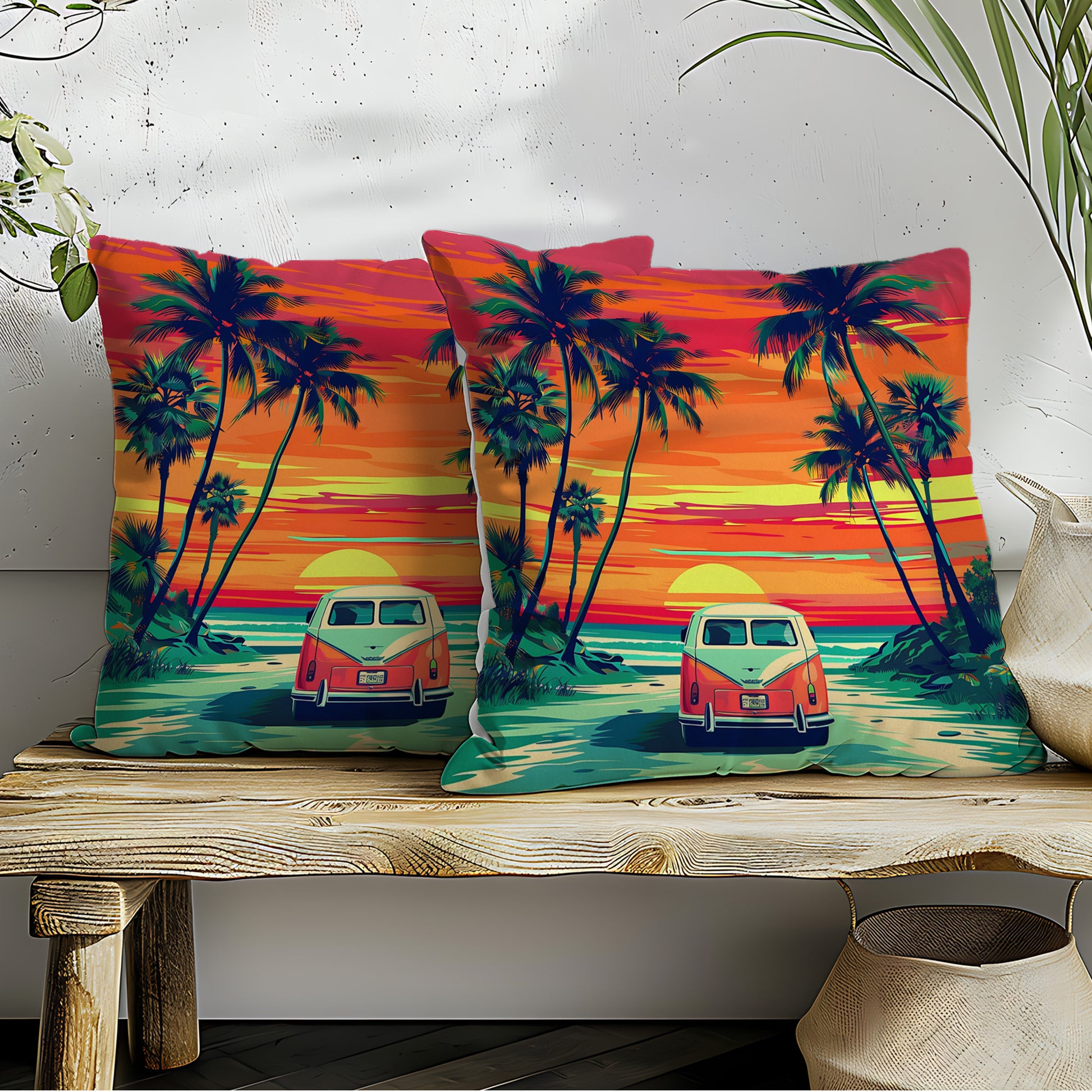 Tropical VW Beach Sunset Scenery Pillow Covers Set of 2 from Beachtique