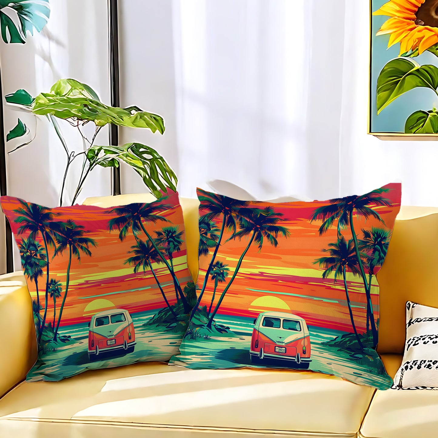 Tropical VW Beach Sunset Scenery Pillow Covers Set of 2 from Beachtique