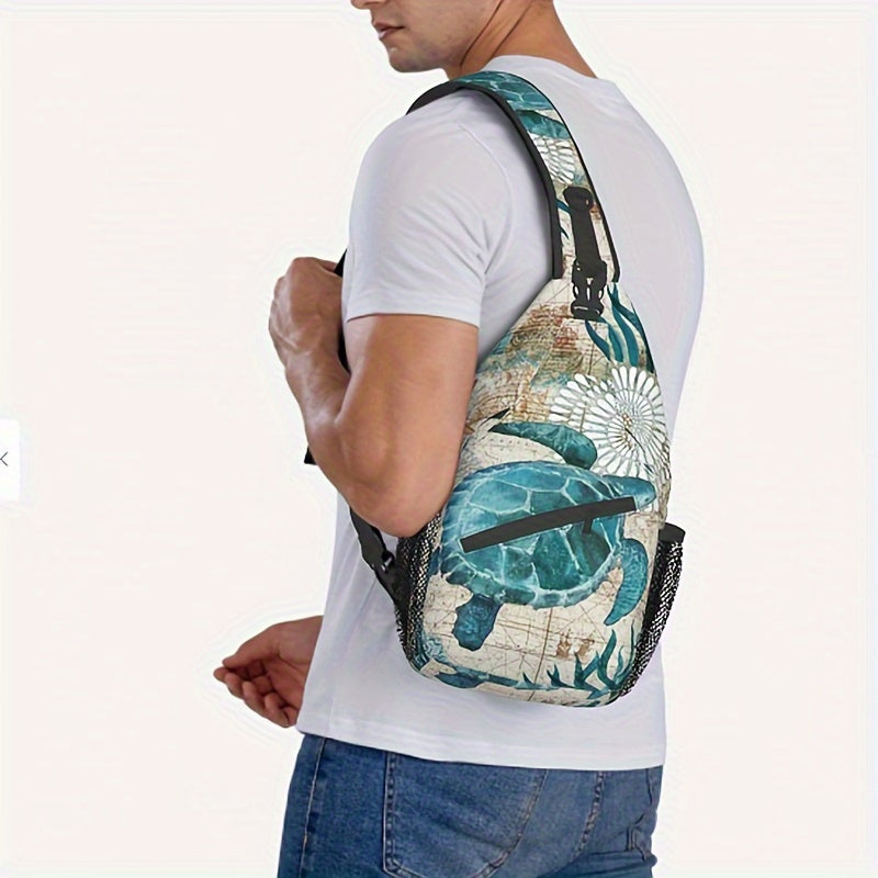 Crossbody Shoulder Bag Turtle Pattern Beige and Teal 